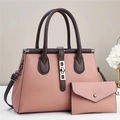 Pink and brown lychee grain leather handbag set with shoulder strap and small wallet - Pink