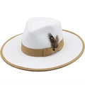 Classic white wide brim wool fedora hat with khaki ribbon and decorative feather detail - M (56-58cm) / White (01)