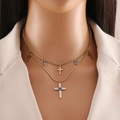 Zweilagige goldene Kreuzkette mit Evil-Eye-Anhängern und funkelnden Kristallakzenten - Doppelschichtige Kreuz Böser Blick Halskette (1#)
