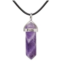 Detailed close-up of natural amethyst hexagonal prism pendant with a silver clasp and cord - Pendant with Necklace / Amethyst