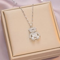 Silver bear pendant necklace with white rhinestones on water wave chain for women - 6051 Pave Bear / Silver