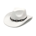 Classic white western cowboy hat with vintage silver metal buckles on black leather band - M / White