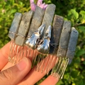 Handmade hair comb with grey crystal stones and silver bird skulls on metal teeth - Labradorite + Silver Crow Skull