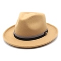 Detailed view of the wool fedora hat with a dual-color ribbon and metal buckle ornament - M (56-58cm) / Camel