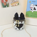 Cute heart print blue checkered PU bucket bag for girls with black bow and gold chain strap - Black