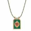 Bohemian tarot card necklace with green enamel heart pendant on a colorful woven cord - Green Sacred Heart
