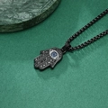 Classic black Hamsa Hand pendant necklace with CNC micro-pave crystals and blue eye detail - Pendant with Pearl Chain / Black