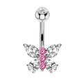 Pink butterfly navel ring with cubic zirconia in silver stainless steel finish - Style 41