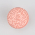 Pink round ceramic drawer knob with embossed floral pattern and glazed finish - Flat Pad / Pink