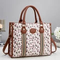 Chic cream tote bag with cherry print, brown top handles and adjustable shoulder strap - Cherry Print / Off-white