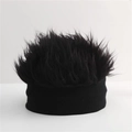 Creative black knit beanie featuring a fluffy synthetic wig hairpiece for men - Black Wig