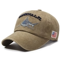Casquette de baseball rétro kaki en coton avec broderie requin et patch USA - Kaki
