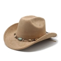 Light brown suede cowboy hat with ethnic turquoise beads and shell band on white background - Light Khaki