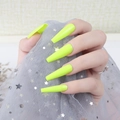 Detailed view of extra long neon yellow coffin press-on nails with glossy UV finish - Neon Yellow (CBLL-14)