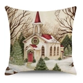Christmas snowman watercolor church illustration square cotton linen pillow cover for home - 45*45cm (No Insert) / Winter Snow Scene Church