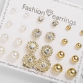 Set of 12 pairs of alloy stud earrings with pearls and crystals on white display card - Pearl Zirconia Flower Gold Ball Set (ER21Y0530-1)