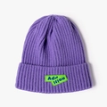 Purple ribbed knit beanie with a vibrant neon green letter patch for winter fashion - Purple