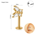Gold butterfly 16G labret stud with zircons and 1.2mm steel bar dimensions - Style 2 / 1.2x6mm / Gold