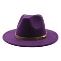 Detailed view of purple wool felt fedora featuring a brown leather strap and gold buckle - M (56-58cm) / Purple
