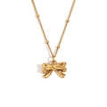 Minimalist 18K gold-plated stainless steel necklace with delicate bow pendant - Beaded Chain Bow Pendant Necklace / Gold