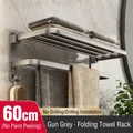 Gunmetal gray 60cm folding towel rack with double tiers and hooks in a matte finish - 60cm Single Folding Towel Rack / Gunmetal