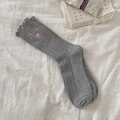Dark grey crew socks with pink heart embroidery and elegant lettuce edge ruffles - Heart Embroidery / Light Gray