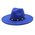 Close-up of royal blue wool fedora featuring a black leather band with silver studs - M (56-58cm) / Blue