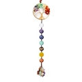 Seven chakra tree of life car charm with braided natural raw stone crystals - Round Bead - Gold Round Frame