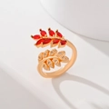 Leaf design open ring in gold finish with red marquise stone and zircon accents - Red Stone Double Leaf (JZ026)