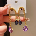 Detail of vintage gold drop earrings with purple and blue crystals and S925 silver needles - Style 39# Silver Pin-Gold-Purple