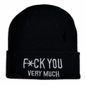 Black knit beanie hat with white embroidered Fuck You Very Much slogan for street style - One Size / Black