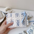 Detailed close-up of a floral cotton coin purse with blue zipper pull and side label - White With Navy Blue Small Flowers