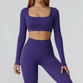 Naadloze paarse yogaset met crop top met lange mouwen en legging met hoge taille - S / Marineblauw