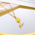 Elegant gold tulip pendant necklace with yellow cat eye stone and micro zircon leaves - Yellow Cat Eye Necklace / Gold