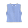 Gilet in maglia senza maniche celeste da donna con bordo giallo e bottoni frontali - S / Celeste