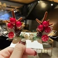 Christmas reindeer antler hair clip with red berries, pine cones and mushrooms detail - Mesh Tulle Brown Antlers Pair
