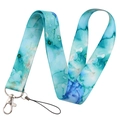 Lanyard with blue watercolor marble pattern and metal swivel hook on white background - Blue Watercolor (KP547-18)