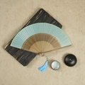 Traditional light blue silk folding fan with bamboo frame and matching blue tassel - Light Blue / 23CM