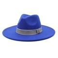 Close-up of bright blue wide brim wool fedora hat with black and white striped band - M (56-58cm) / Blue