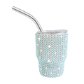 Light blue rhinestone encrusted 3oz mini tumbler with silver lid and curved metal straw - Tapered Leg / Blue