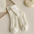 Soft white coral fleece socks featuring cute bow accents and thickened thermal texture - One Size / White