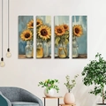 Set of 4 vertical sunflower oil painting panels on wood for boho wall decor - Style I Sunflower (HDF/Triangle Hook)