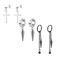 Three-pair men's black and silver stainless steel earrings set with cross and dangles - Set 13 (Silver Cross/Silver Cone/Black Long Chain Cone)