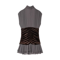Schickes ärmelloses Samt-Mini-Kleid mit Patchwork, Lagenvolant-Saum und Stehkragen - XS / Color Block