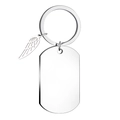 Detailed close-up of polished silver metal keychain with feather wing and rectangular dog tag - Stainless Steel Feather