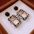 Detail view of retro geometric resin earrings with black and white checkered pattern finish - 10# Silver Earring Post Gold Color Black