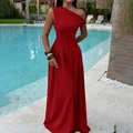 Elegant red off-shoulder pleated wide-leg jumpsuit for women with flowy fabric texture - M / Red