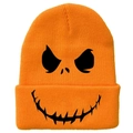 Bright orange knit beanie featuring a bold black skull face pattern for Halloween fashion - Orange Skull Pumpkin Style (橙色-A)