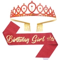 Red glitter Birthday Girl sash and gold tiara set with red rhinestones for parties - Set 33 Red Script Birthday Girl