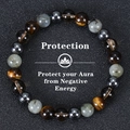 Macro view of 8mm tiger eye and obsidian beaded protection bracelet on dark background - Tiger Eye/Obsidian/Hematite/Labradorite (Protection-2)